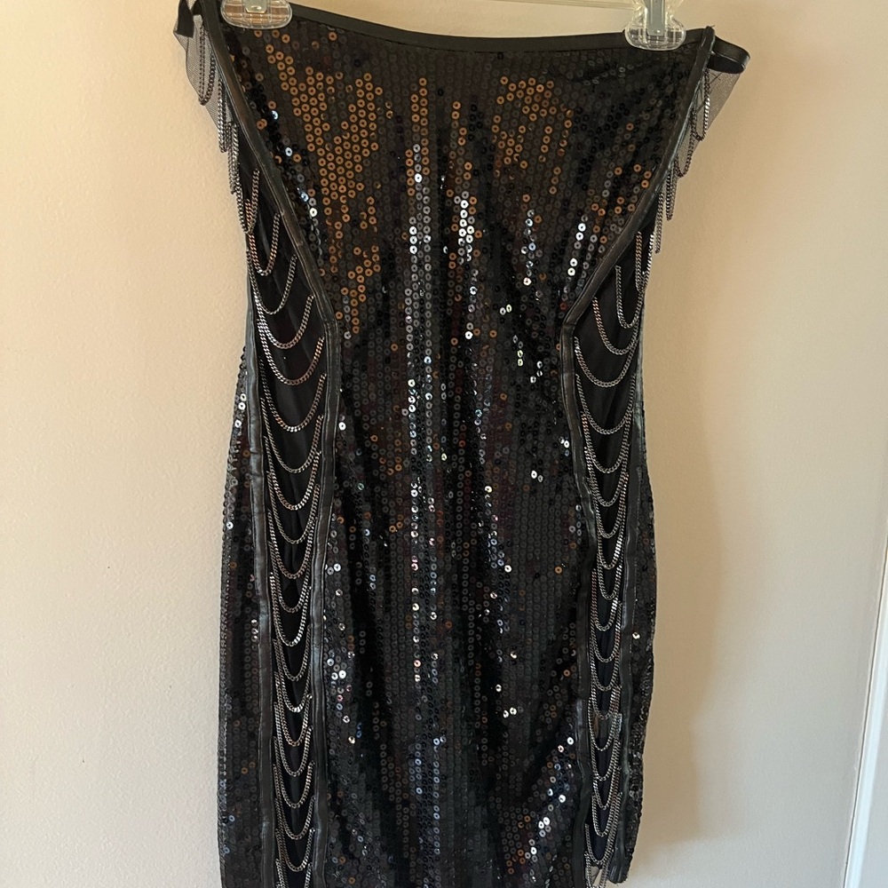 Blithe Black Sequin Strapless Mini  Dress with Chain Accents